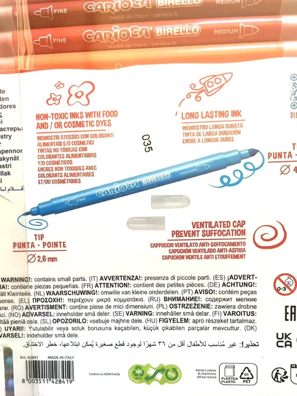 Carioca 30 Colors Washable Markers for Kids Dual Tip Non Toxic Ink Made in Italy